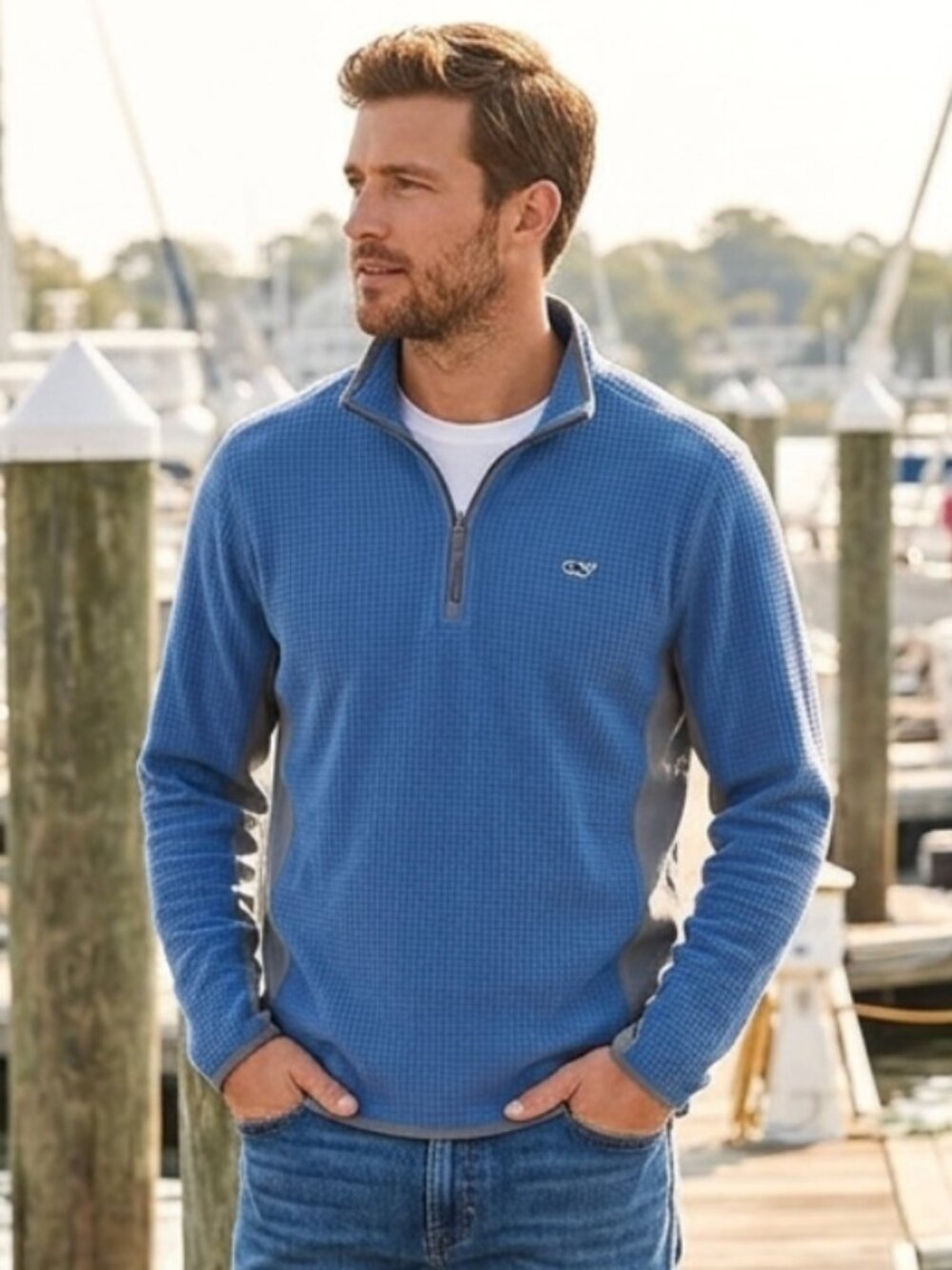 Vineyard Vines Waffle Fleece M Blue Excellent Quarter Zip Preppy Coastal